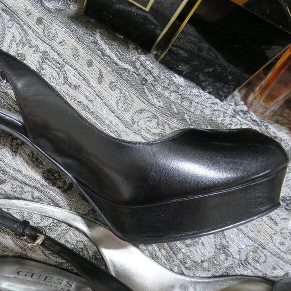 Guess black leather peep toe slingback platform heels w/ charm 7.5 silver heels - Picture 8 of 16